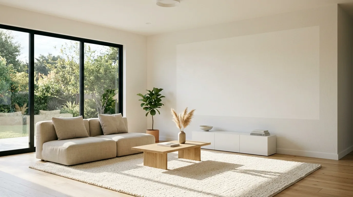 Use texture to avoid a flat look inspiration for a minimalist living room.
